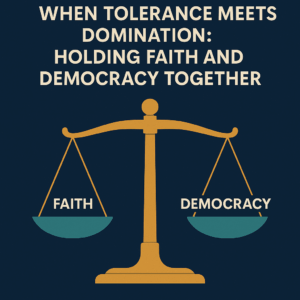 A scale with the words faith on one side and democracy the other