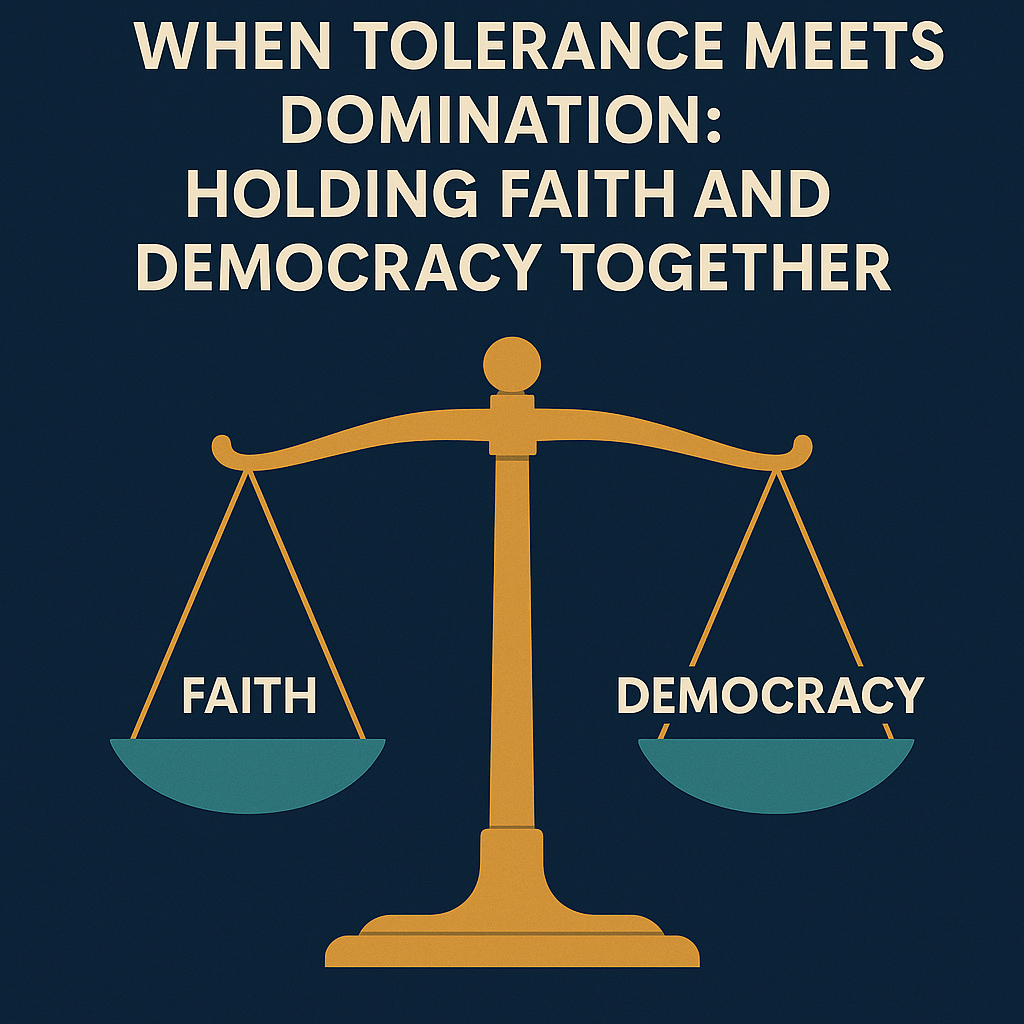 A scale with the words faith on one side and democracy the other